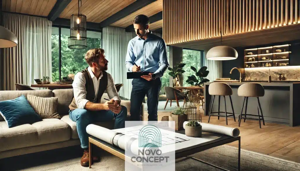 A professional contractor discussing home remodeling plans with a homeowner in a cozy living room, with blueprints and samples spread on a coffee table.