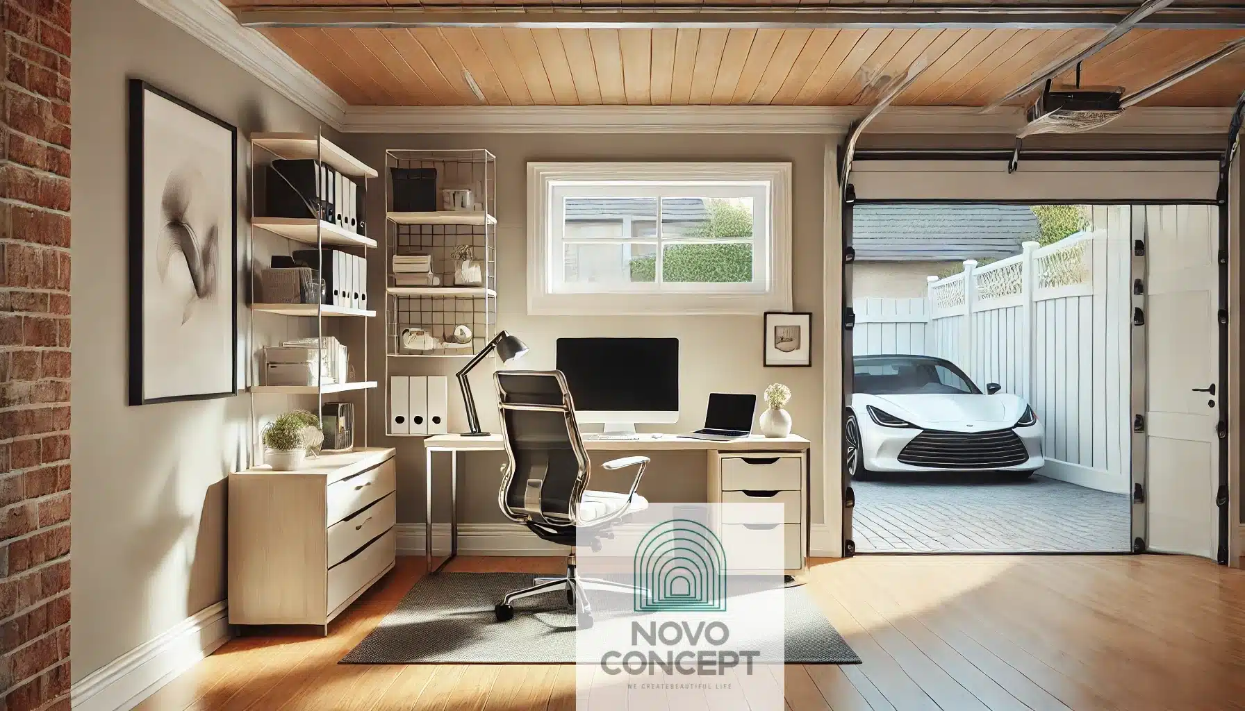 A modern garage conversion into a home office featuring a sleek desk with a computer, ergonomic chair, organized shelves, and large windows. The room has light neutral-colored walls, polished hardwood flooring, and a replaced solid wall where the garage door once was.