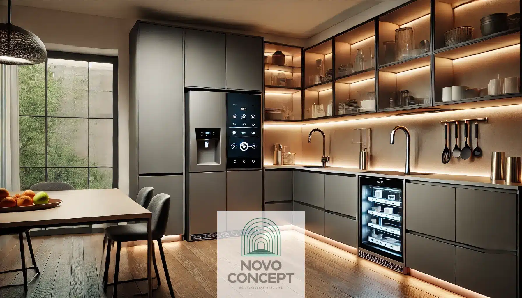 A modern smart kitchen featuring touchless faucets, a smart refrigerator with a touchscreen, LED lighting, and hidden charging stations, showcasing a sleek and functional design.