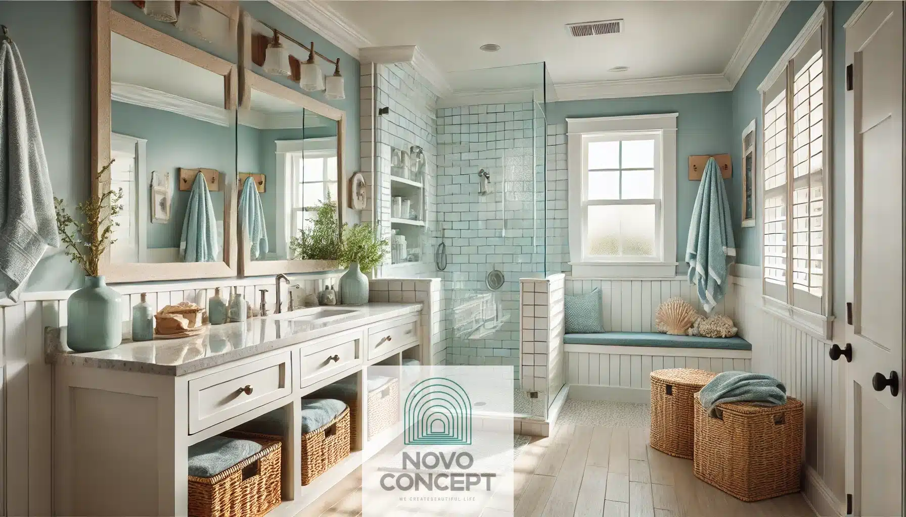 A coastal-inspired bathroom design with light blue and white tones, a vanity with quartz countertops, a frameless mirror, a walk-in shower with white subway tiles and a built-in bench, natural light through frosted windows, and beach-themed decor.