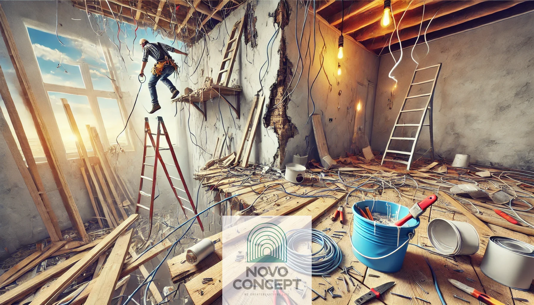 A vivid depiction of the dangers of house remodeling, showing an unorganized site with exposed wires, a bucket of paint spilling over a loose cable, and a worker standing precariously on a ladder. The floor is scattered with nails, planks, and tools, highlighting the risks involved in home renovations.