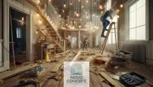 A wide view of a dangerous remodeling site with various risks, including sharp tools on the ground, spilled paint near electrical cords, and a worker balancing on a shaky ladder. The space is filled with construction dust and unfinished walls, creating a hazardous environment.