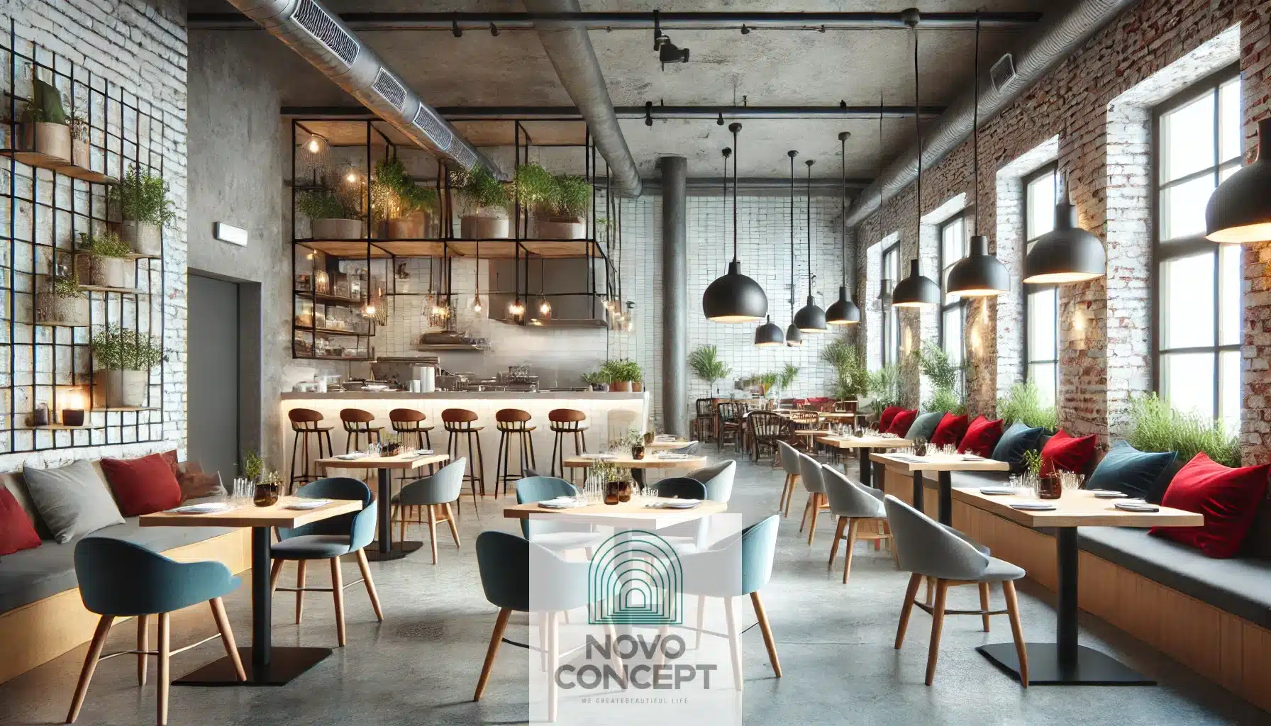 A trendy restaurant interior with exposed brick walls, industrial-style lighting, wooden tables, and black metal chairs. The decor combines neutral tones with pops of color, such as red or blue cushions, and includes greenery and an open kitchen concept for a relaxed, social atmosphere.