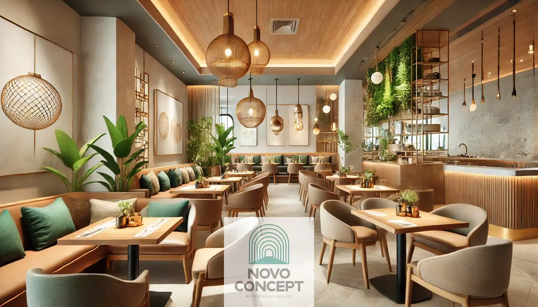 A modern restaurant interior with warm wooden furniture, greenery accents, pendant and recessed lighting, and a spacious layout. The design features a neutral color scheme with green and gold highlights, including booth seating and freestanding tables, creating a cozy yet elegant ambiance.