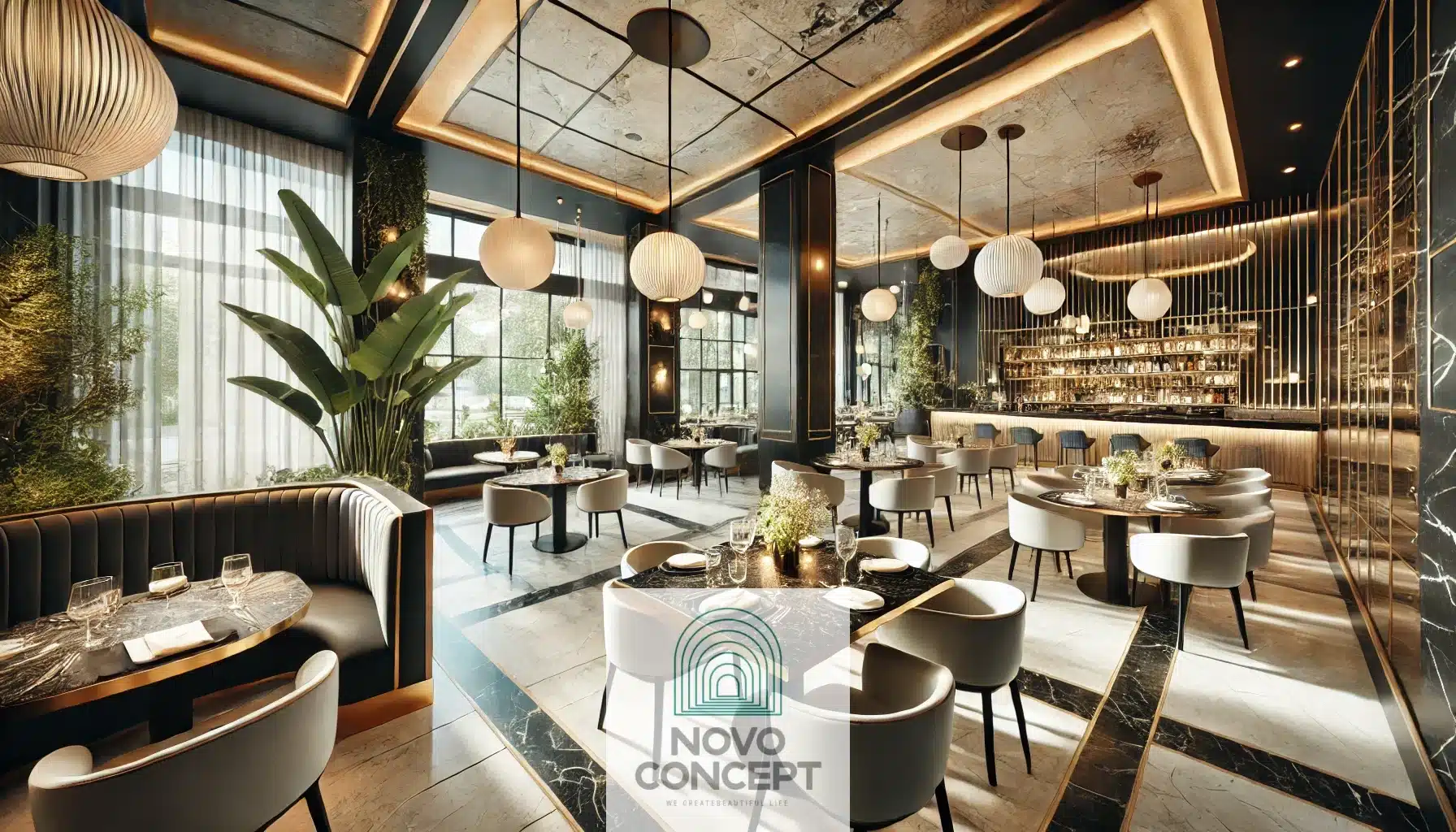 A luxurious restaurant interior featuring marble tabletops, black and gold accents, large glass windows, and chic pendant lights. The layout includes private booths, open seating, and a spacious bar area, complemented by strategically placed greenery for an upscale yet welcoming feel.