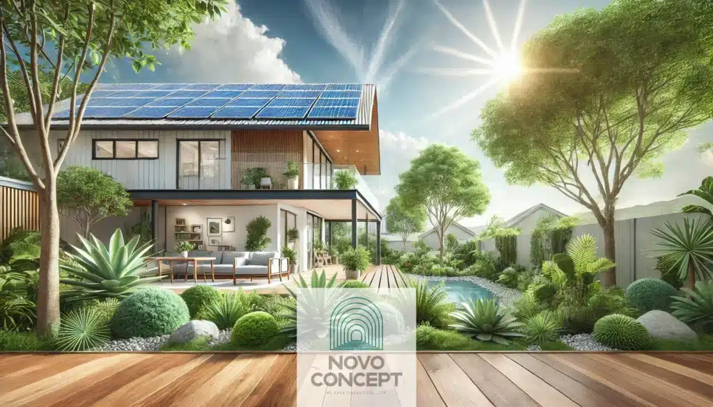 A modern sustainable home with solar panels on the roof, energy-efficient windows, bamboo flooring visible through the windows, and native landscaping, illustrating eco-friendly renovation practices.