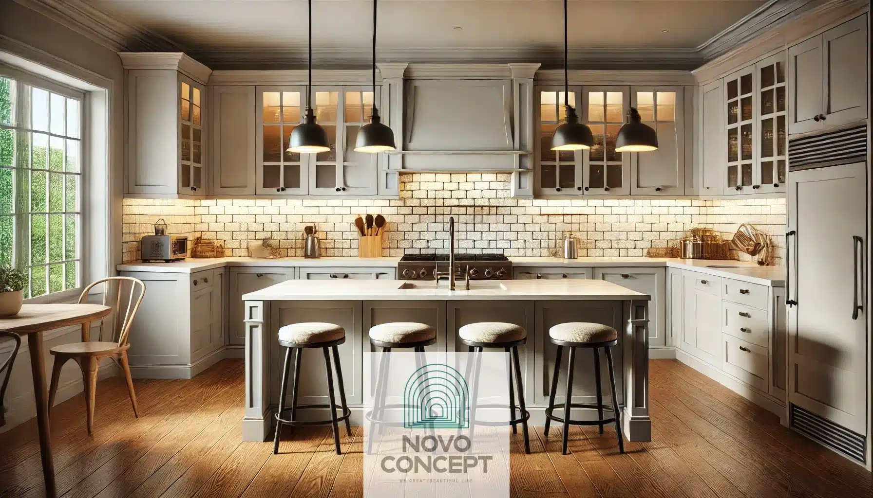 A contemporary kitchen with shaker-style cabinetry, subway tile backsplash, under-cabinet LED lighting, and a functional island with pendant lights above.