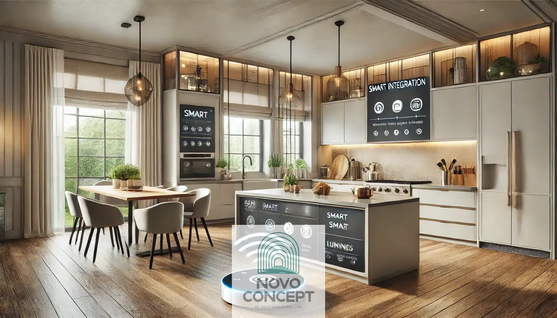 An open-concept kitchen with smart home integration, showcasing a sleek island, built-in smart appliances, voice-controlled lighting, and luxury vinyl plank flooring.