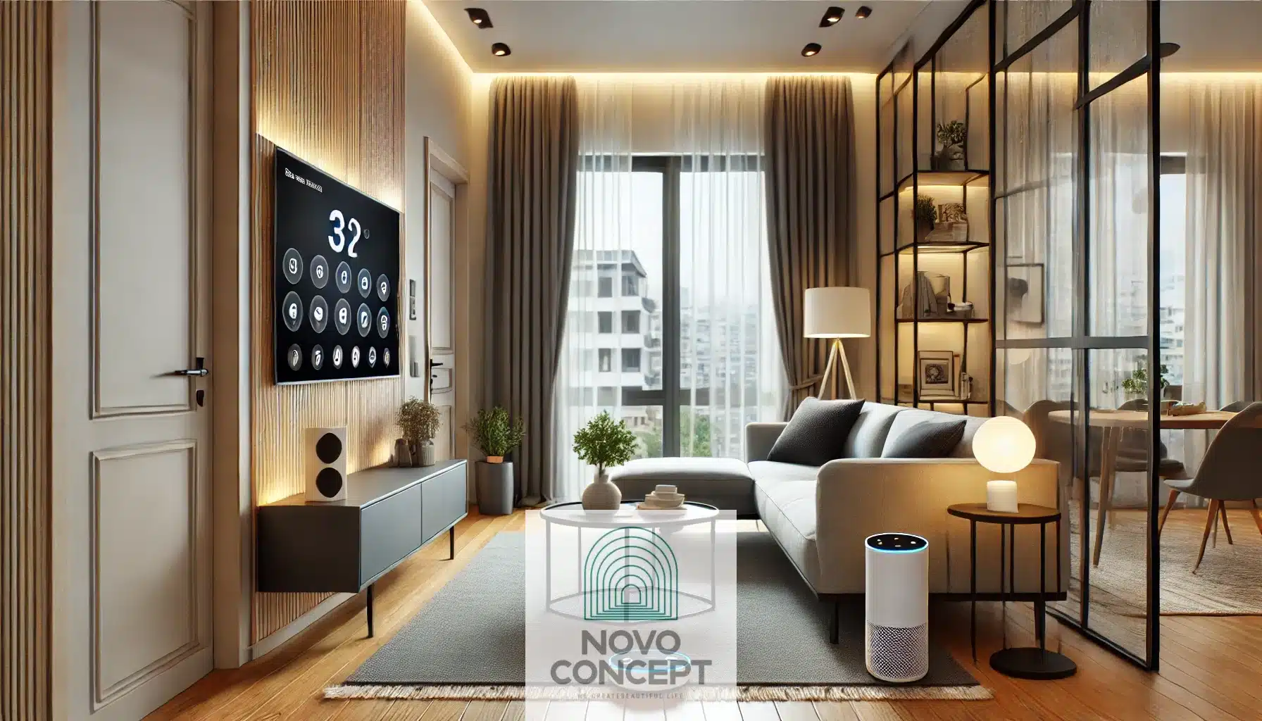 A modern living room with smart home features including automated lighting, smart locks on the door, and a voice assistant device, highlighting comfort and technology integration.