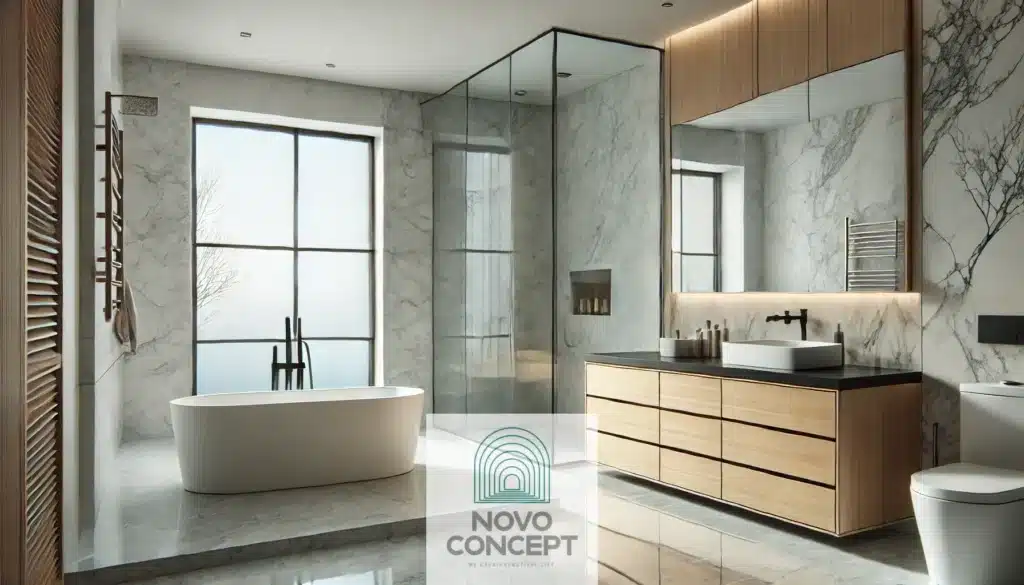 Luxurious modern bathroom with a freestanding bathtub, floating vanity, frameless glass shower, and marble tiles, illuminated by soft natural light.