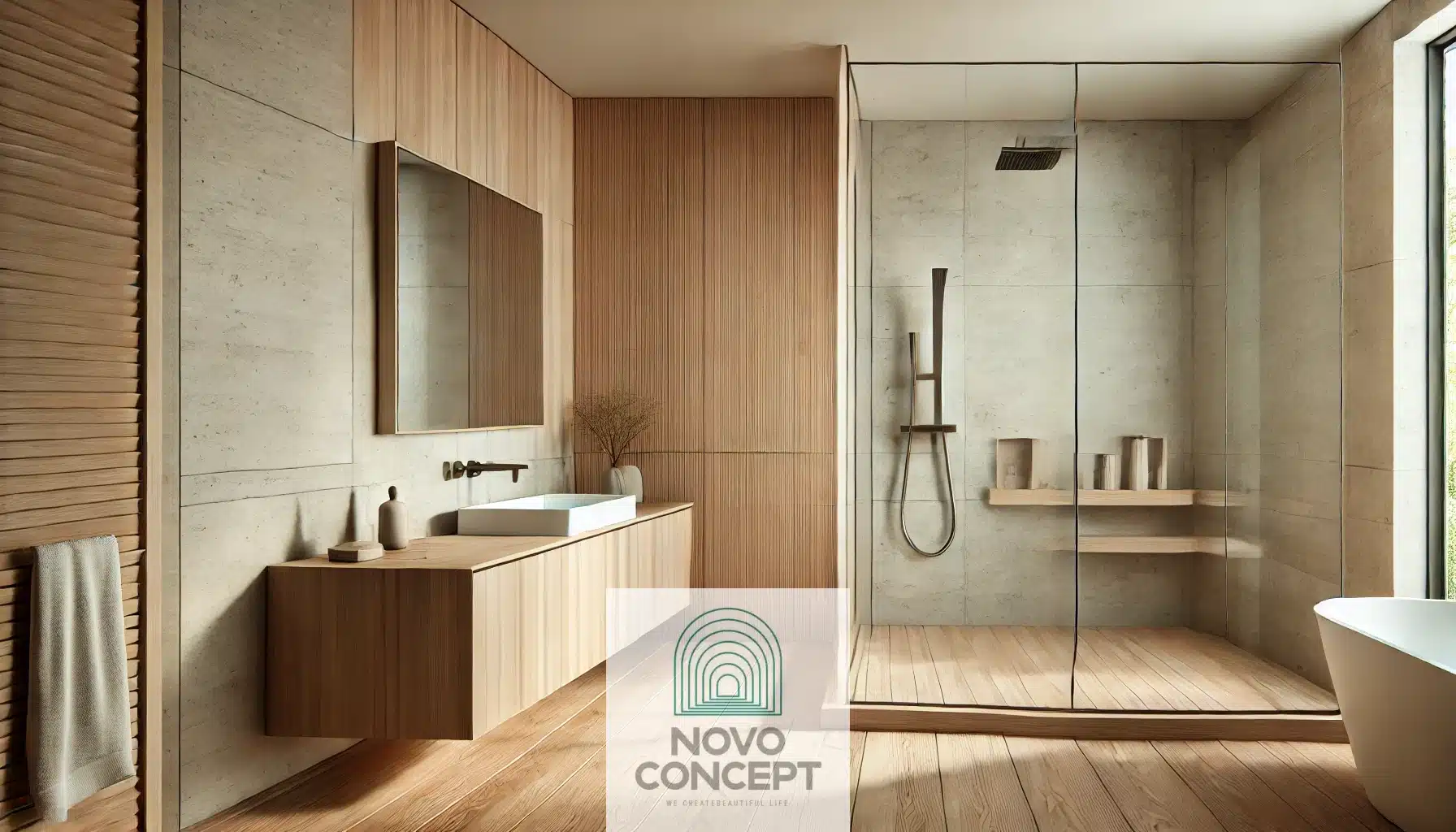 A minimalist bathroom showcasing natural wood tones, a walk-in glass shower, a floating vanity, and a neutral color palette with clean, contemporary lines.