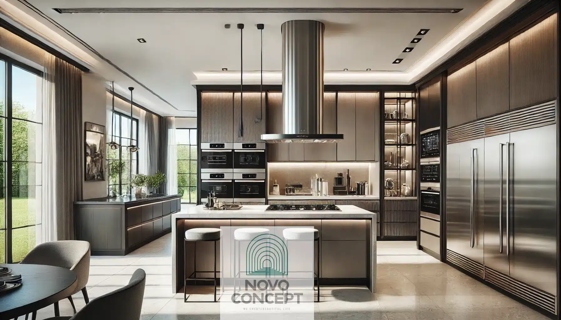 A luxurious kitchen featuring integrated appliances, including a built-in refrigerator concealed behind custom cabinetry, a wall oven, and a modern stovetop with a chimney hood. The design showcases dark wood cabinetry, quartz countertops, and bar stools around a central island, bathed in natural light.