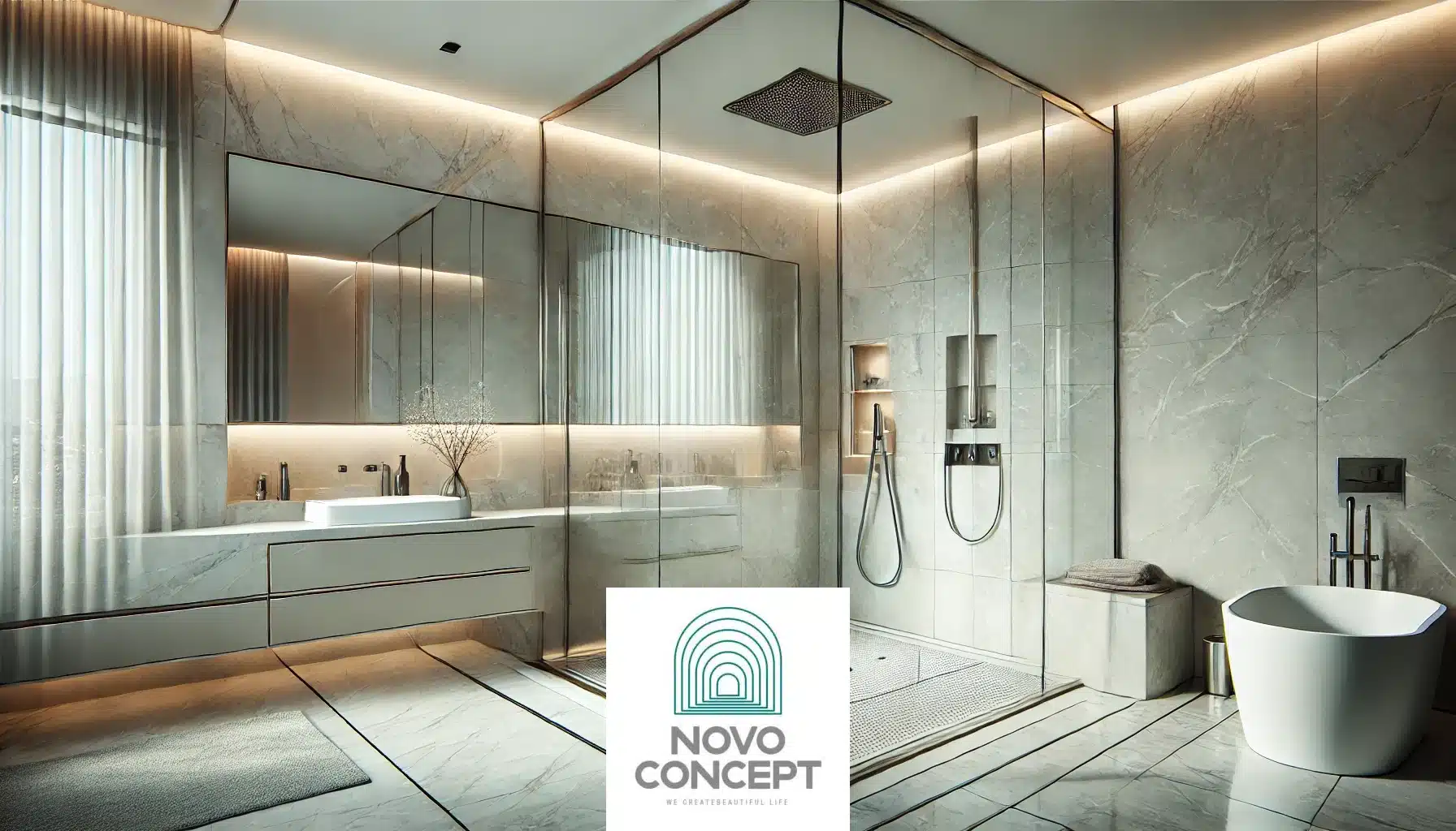 Luxurious modern bathroom featuring a curbless shower design with seamless tile flooring, a frameless glass enclosure, and soft ambient lighting