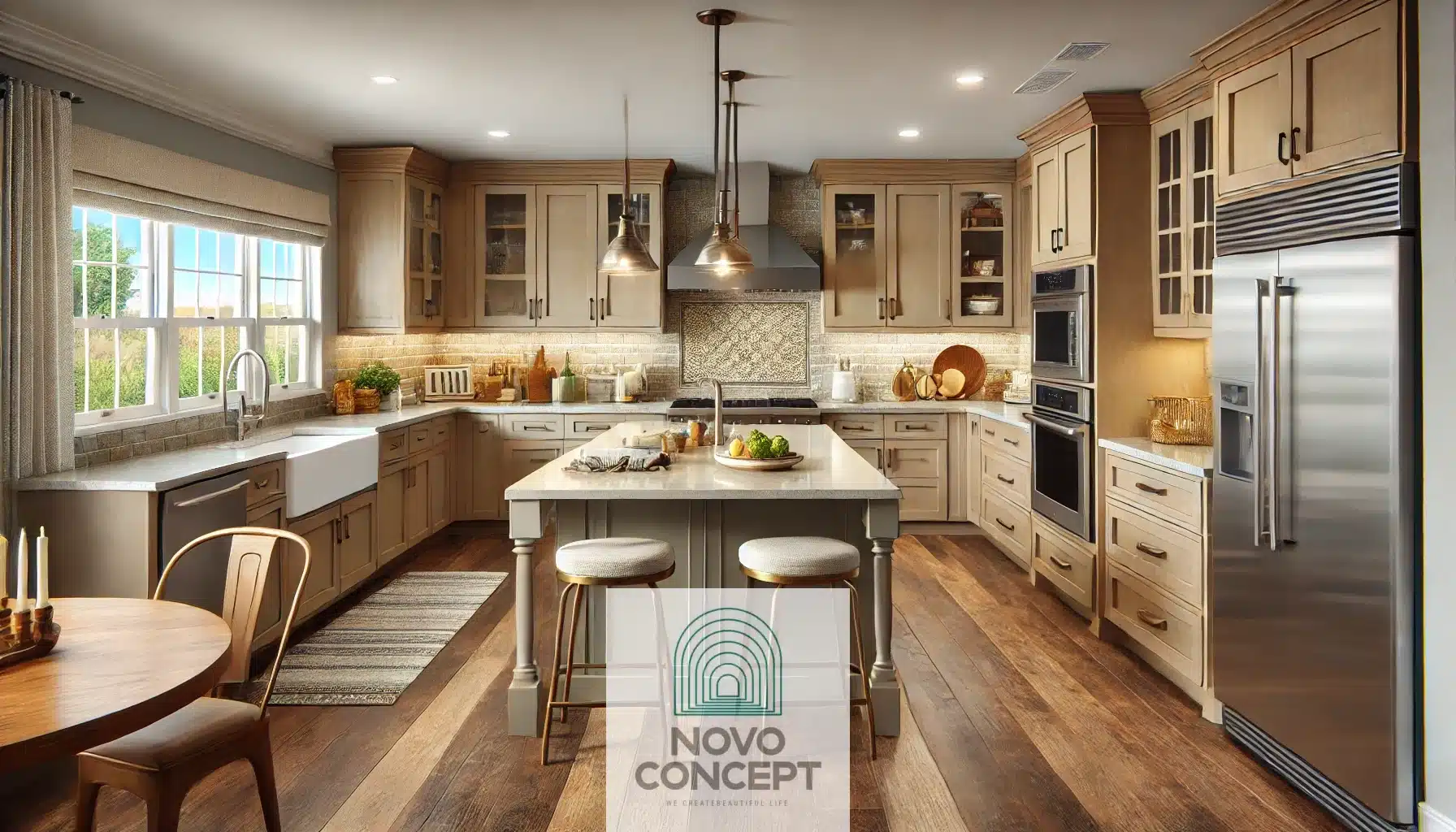 Mid-range kitchen remodel with semi-custom cabinetry in earthy tones, a sleek tile backsplash, solid surface countertops, modern stainless steel appliances, and a medium-sized island with pendant lighting.