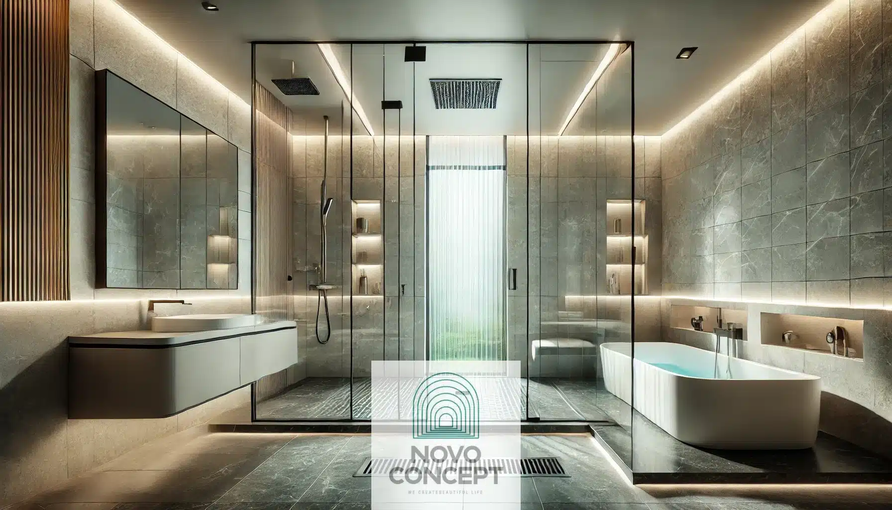 A modern wet room design with an open shower concept, featuring a large soaking tub with stone surroundings, glass partitions, and linear drains. The room is illuminated by bright natural light from ceiling and wall windows, complemented by recessed LED lighting for a spa-like atmosphere.