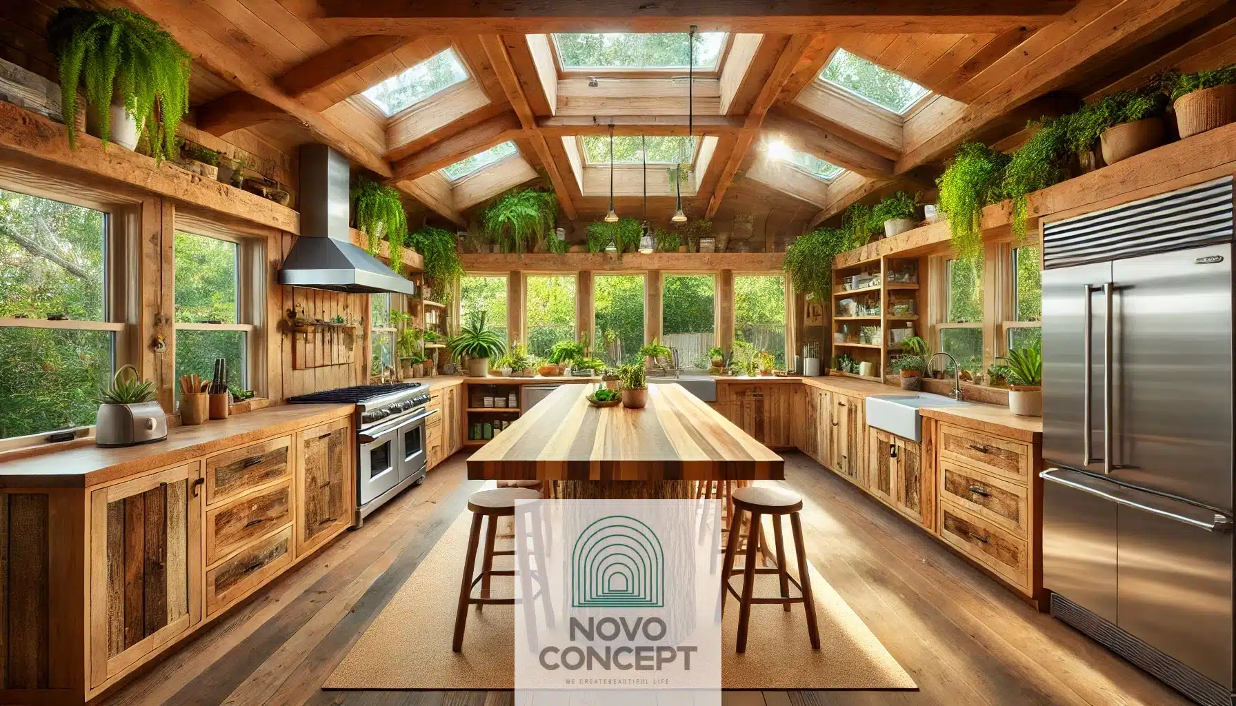 A spacious, eco-friendly kitchen featuring reclaimed wood cabinetry, a bamboo island countertop, cork flooring, and modern ENERGY STAR appliances. The space is illuminated by large skylights, emphasizing natural lighting and sustainable design.