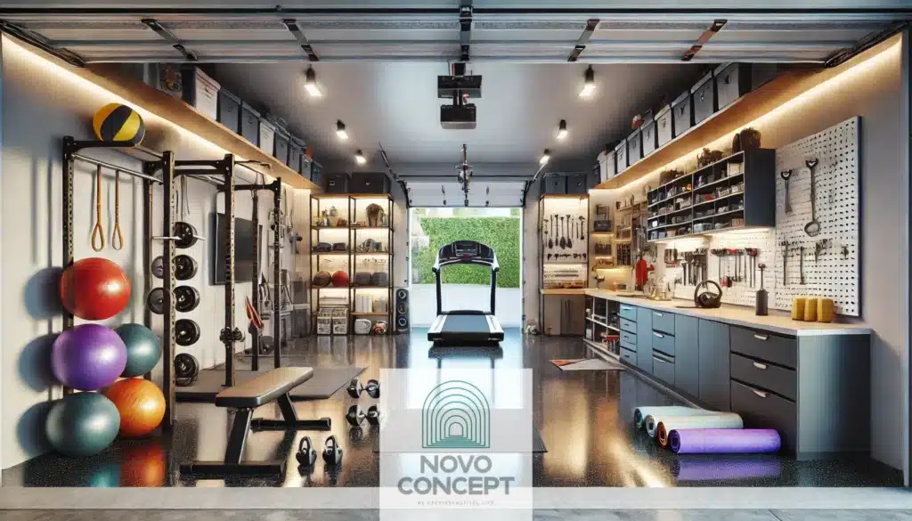 A modern, multifunctional garage interior. The space is divided into zones_ a home gym area with gym equipment like weights, a treadmill, and yoga