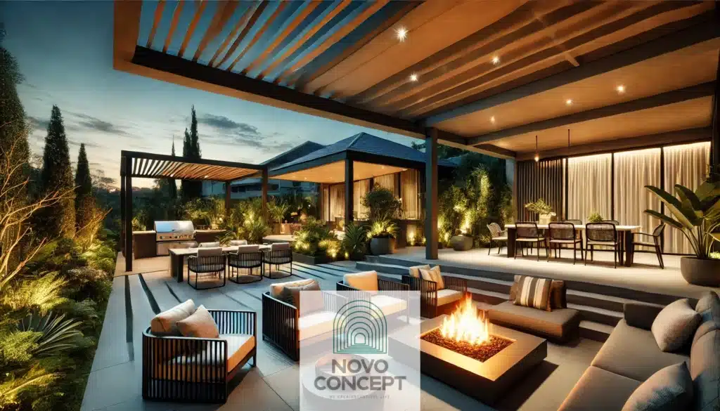 A luxurious outdoor living area with a pergola-shaded patio, modern seating furniture, a built-in fire pit, ambient lighting, and lush greenery for a cozy and inviting atmosphere. home remodeling