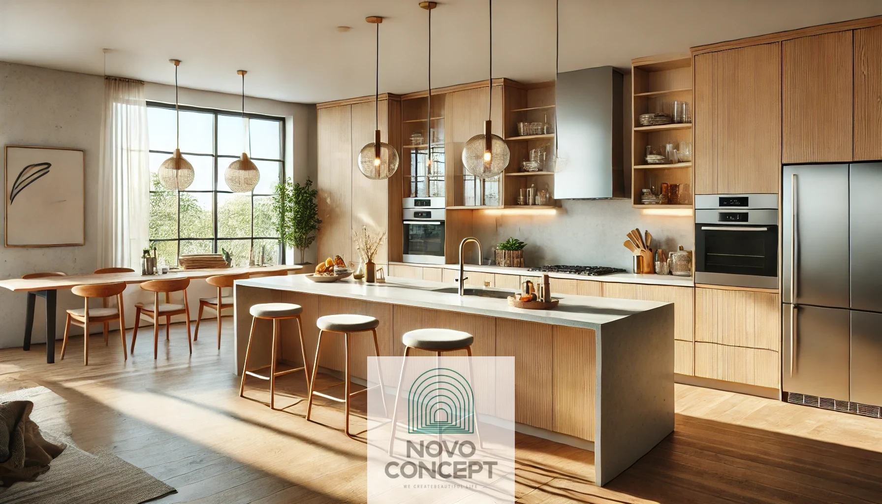 A contemporary kitchen showcasing natural wood cabinets, a minimalist design, a large quartz island with bar stools, pendant lighting, and bright windows illuminating the space. The kitchen combines style and practicality with stainless steel appliances and light wood flooring