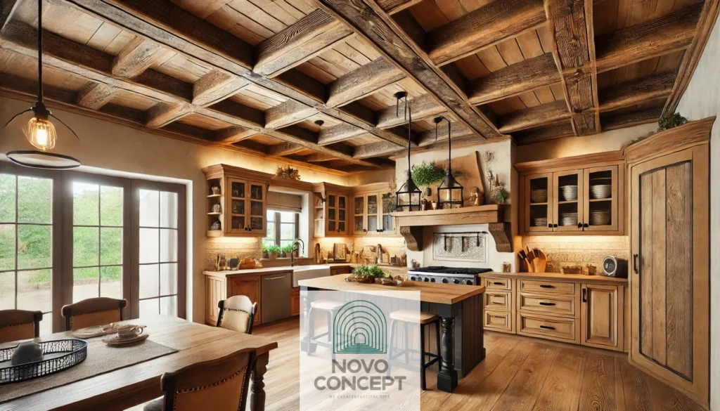 A rustic kitchen featuring wooden cabinetry and faux beams designed to blend with the soffits, creating a cozy farmhouse aesthetic with warm lighting and natural finishes.