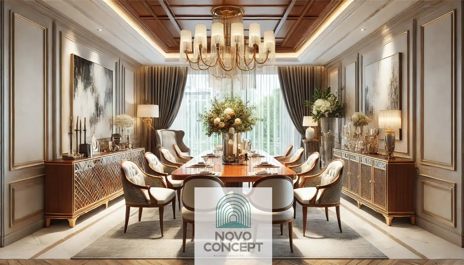 A luxurious dining area featuring a polished wooden table surrounded by elegant upholstered chairs, accented by a modern chandelier. The room includes floor-to-ceiling curtains, decorative centerpieces, and a warm, stylish ambiance.