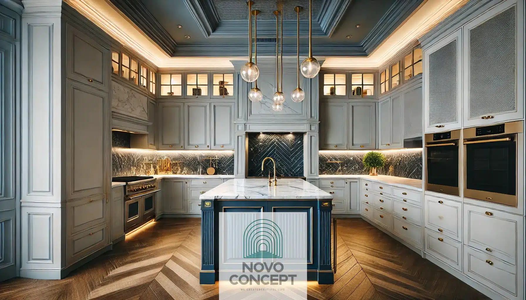 A luxurious kitchen showcasing deep blue and white custom cabinetry with gold handles, a marble island, pendant lights, and a herringbone tile backsplash for an elegant and inviting look