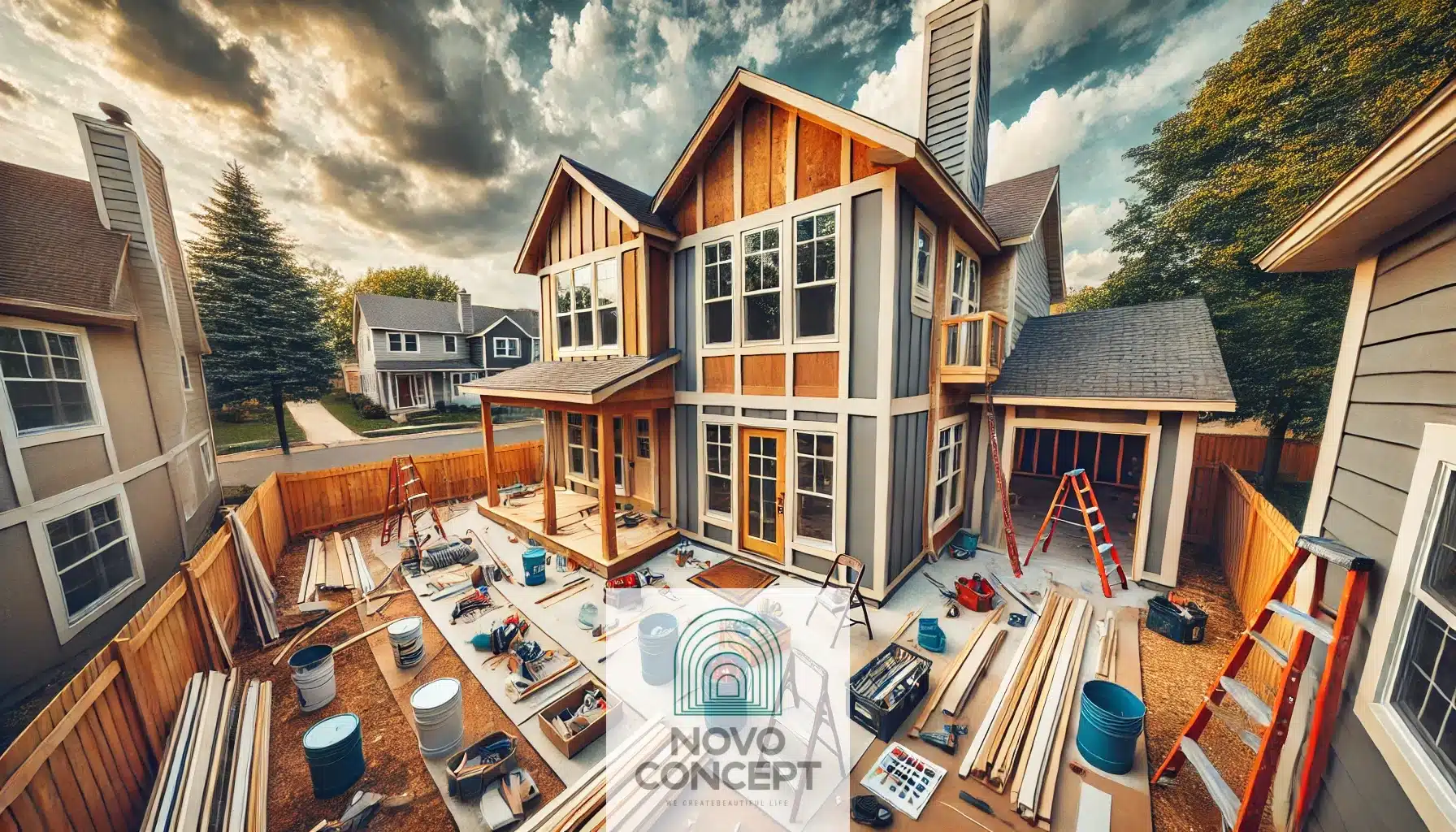 A wide-angle view of a nearly completed home addition in a suburban area. The building features finished siding, installed windows, and doors, with tools and materials around the exterior. The background shows a partly cloudy sky and neighboring houses. - Shell Construction