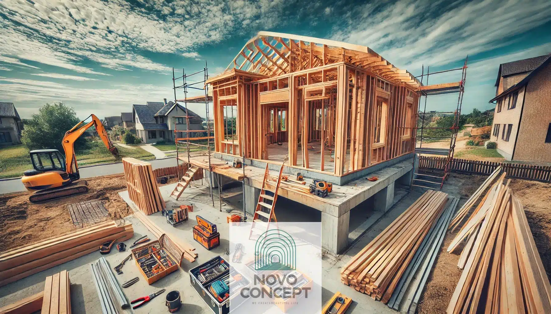 A wide-angle view of a residential construction site showing the shell phase of a home addition. The structure includes wooden framing, a concrete foundation, and scaffolding, with construction tools and materials in the foreground under a clear blue sky.