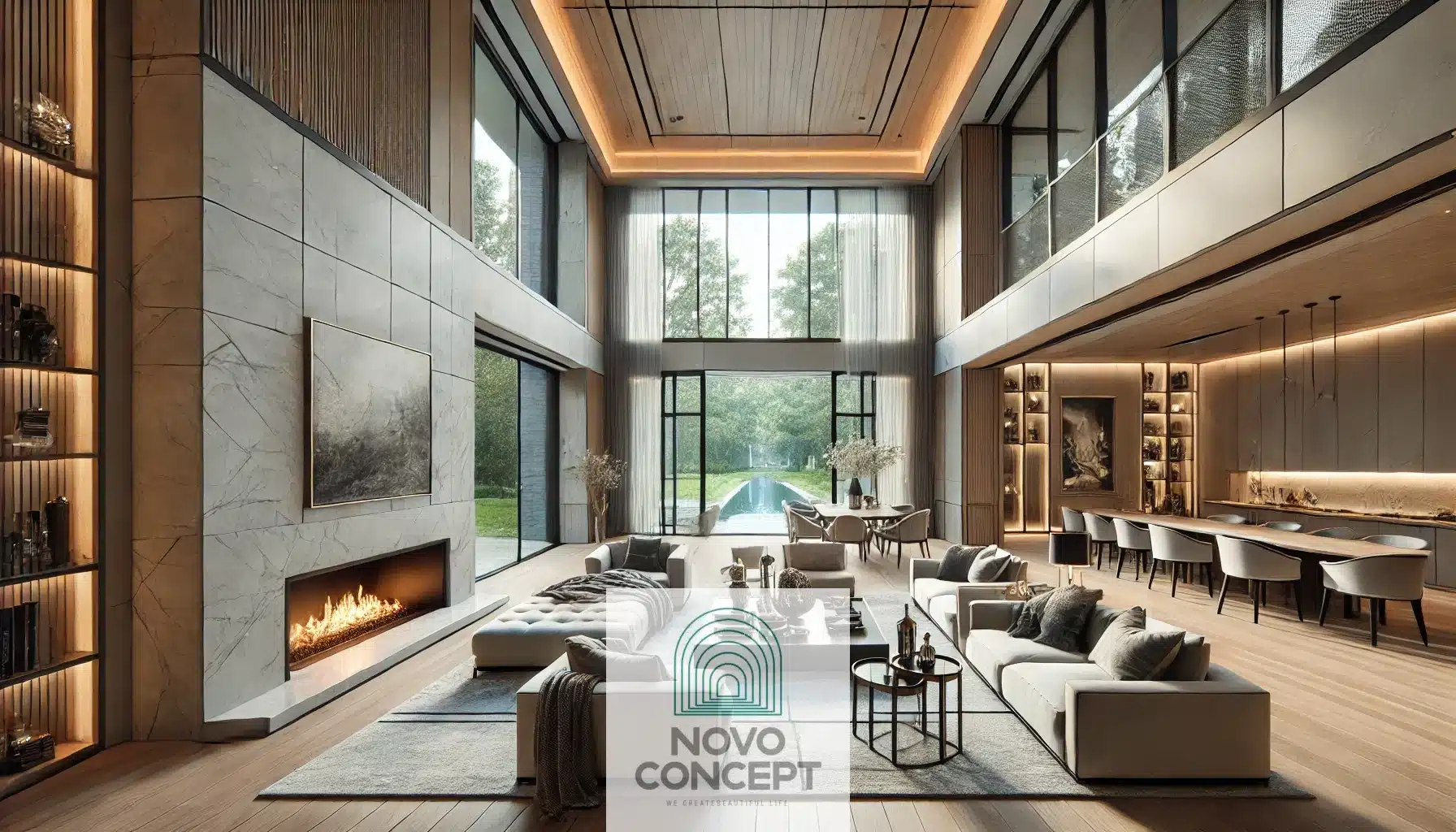 A luxurious and modern living room in a newly constructed home addition. The room showcases high ceilings, elegant furniture, a large fireplace, and expansive windows with a view of a serene garden.