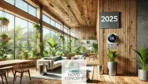 Modern living room showcasing sustainable and eco-friendly design with reclaimed wood furniture, large windows, indoor plants, and a sleek smart thermostat. - home renovation