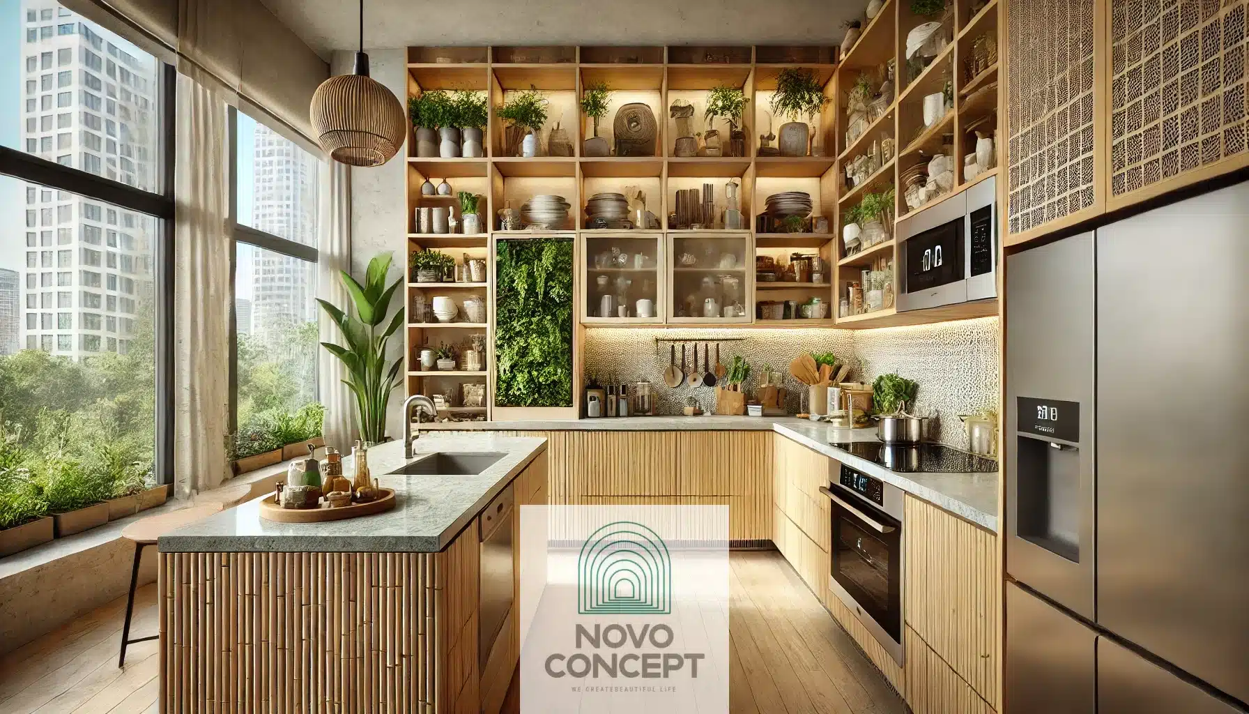 Wide-angle view of a sustainable kitchen with bamboo cabinetry, a recycled glass countertop, energy-efficient appliances, open shelving, large windows, and a vertical herb garden on the wall.