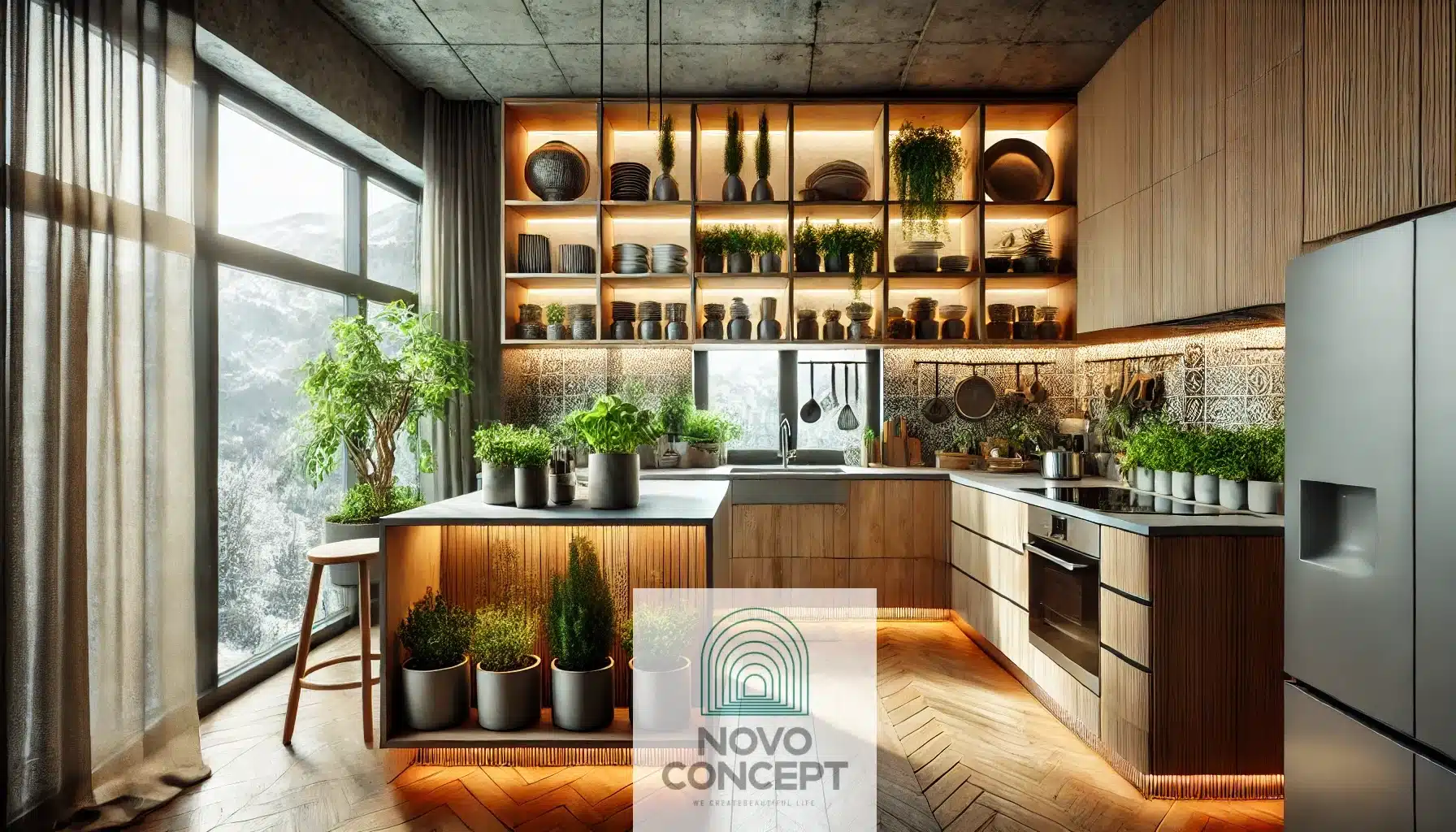 Modern sustainable kitchen featuring reclaimed wood cabinetry, open shelving with stylish dinnerware, an indoor herb garden, energy-efficient appliances, and LED lighting under the cabinets.