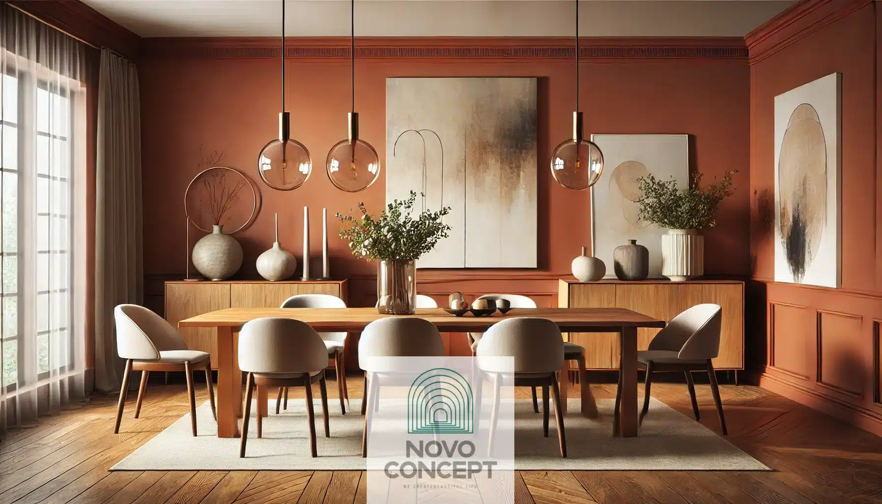 A warm dining room with earthy terracotta walls, a wooden dining table, minimalist chairs, and elegant decor, including pendant lighting and potted plants, for a cozy, sophisticated look.