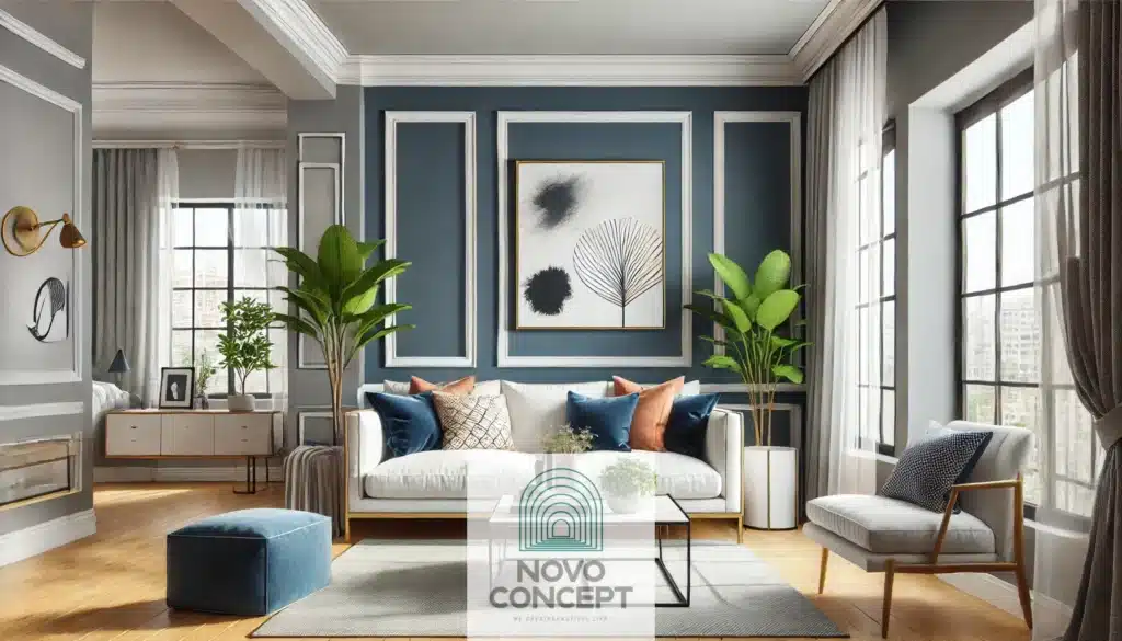 A stylish living room with a navy blue accent wall, white trim, cozy modern furniture, and natural light pouring in from a large window, creating a fresh and inviting ambiance. - Power of Paint