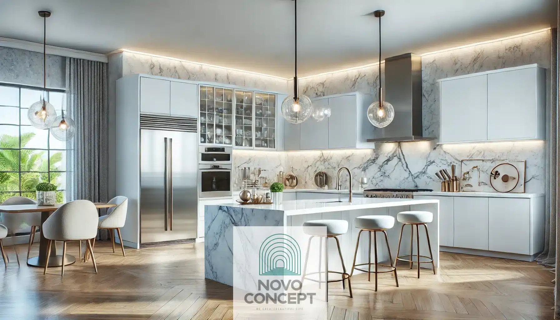 Wide-angle view of a modern kitchen remodel featuring sleek white cabinets, a marble countertop island with bar stools, stainless steel appliances, and elegant pendant lighting. - Financing Home Remodel