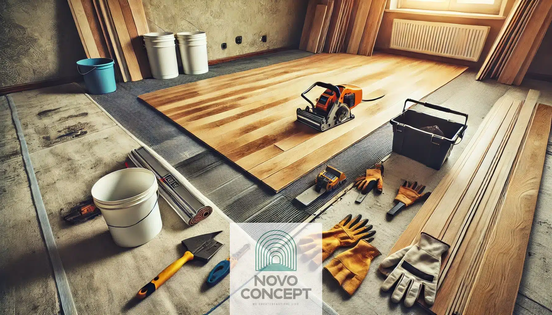 An indoor construction scene showing a partially completed flooring installation. Tools like a flooring cutter and adhesive buckets are neatly arranged, and wooden planks are being installed, transitioning from a bare subfloor to a polished floor.