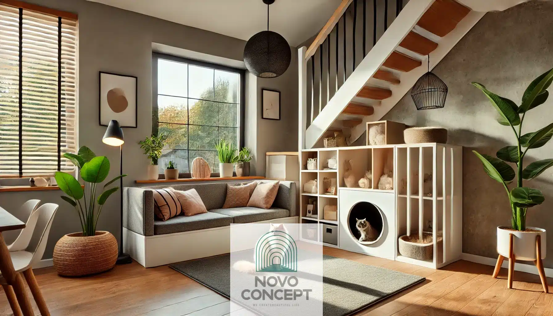 A modern and stylish pet-friendly living room featuring durable vinyl flooring, a cozy built-in pet nook under the stairs, and furniture with pet-safe microfiber fabric. Includes a window perch for a cat and organized storage for pet toys and supplies.