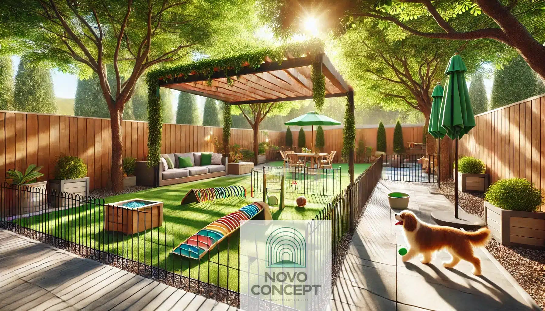 A spacious outdoor backyard designed for pets, with a secure fenced area, shaded spots under trees, a pet-friendly agility course, and a water fountain. Features lush greenery and a comfortable lounging area.