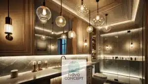 A luxurious bathroom with elegant lighting fixtures such as pendant lights, a chandelier, and under-cabinet lighting. The design includes marble countertops, a glass shower, and modern fixtures with soft lighting highlighting the architectural details.