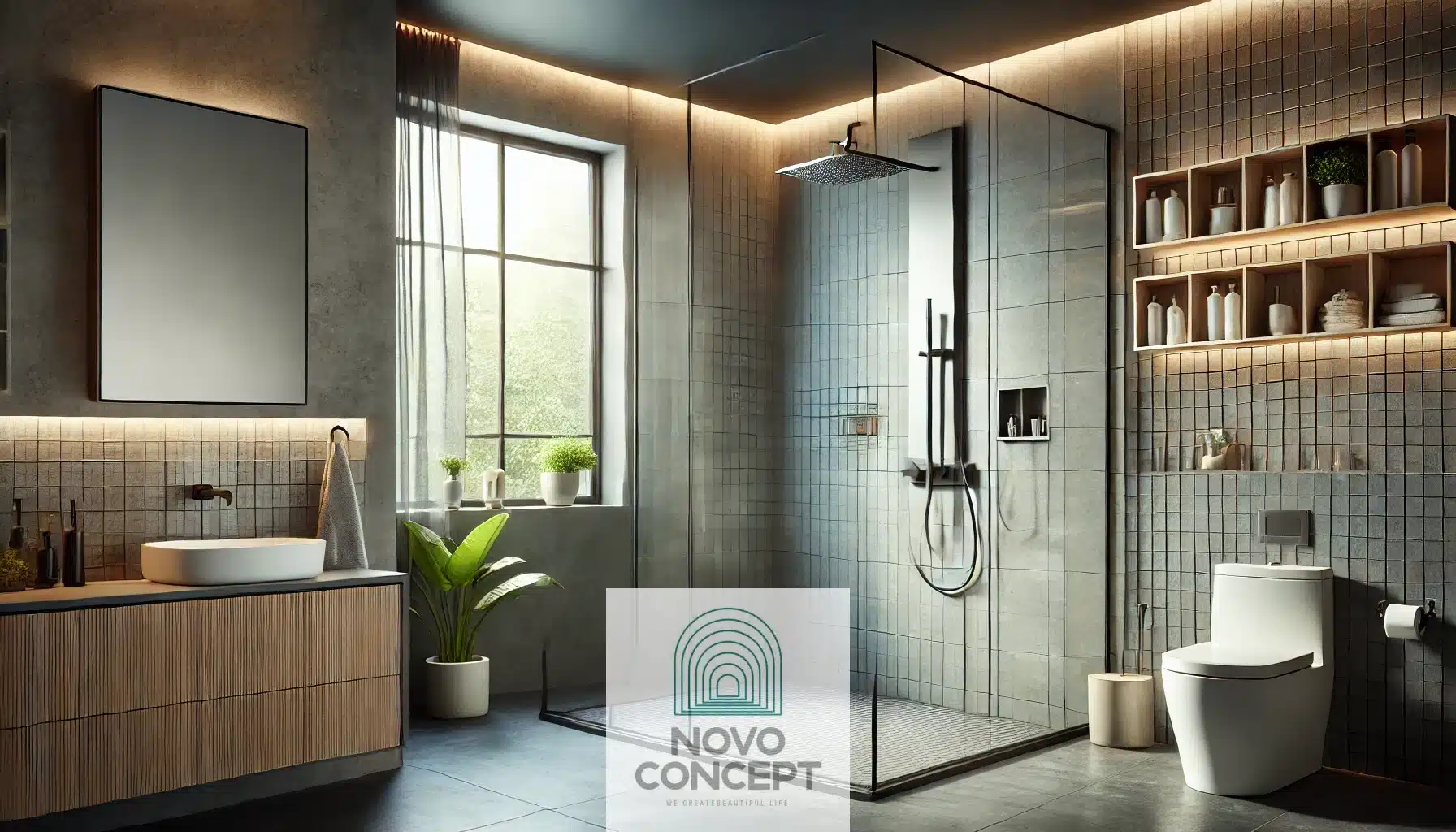 Modern bathroom with a sleek walk-in shower, frameless glass door, gray tiled walls, and a rainfall showerhead. The space features natural light, minimalistic decor, and a small plant for added style.