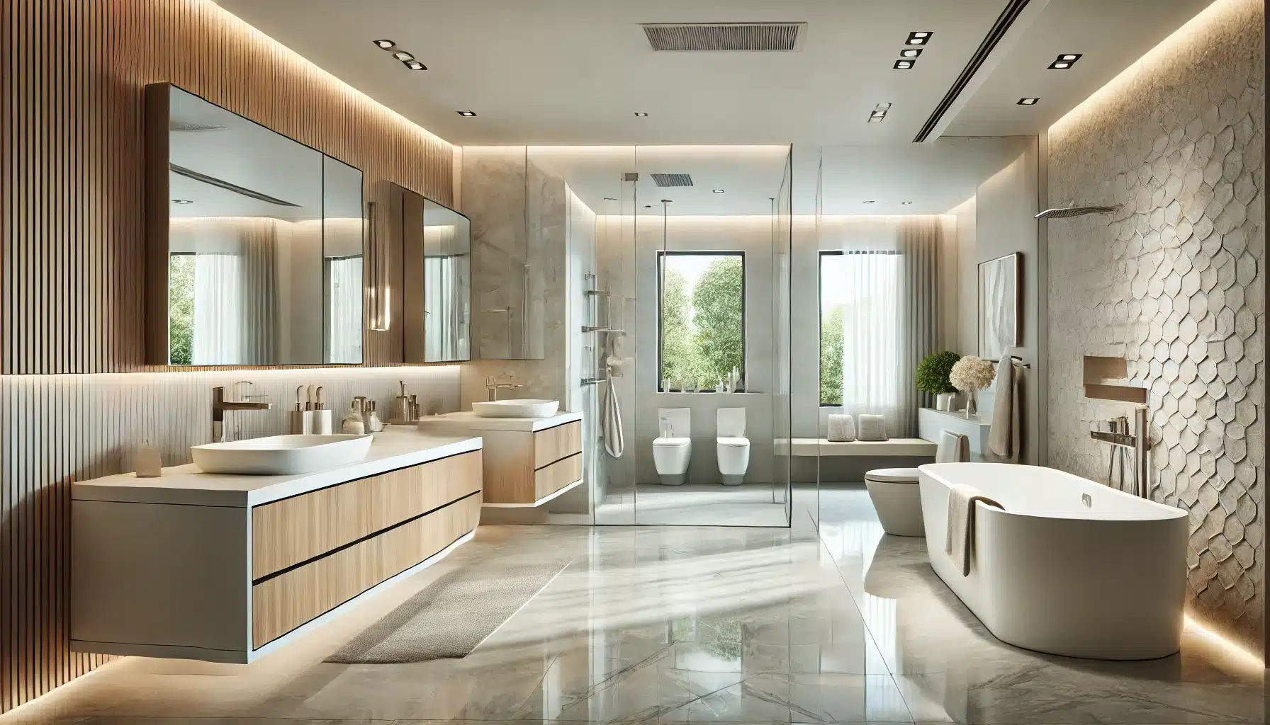 A modern bathroom remodel showcasing sleek, contemporary design elements. The bathroom features a spacious layout with a walk-in shower, freestanding