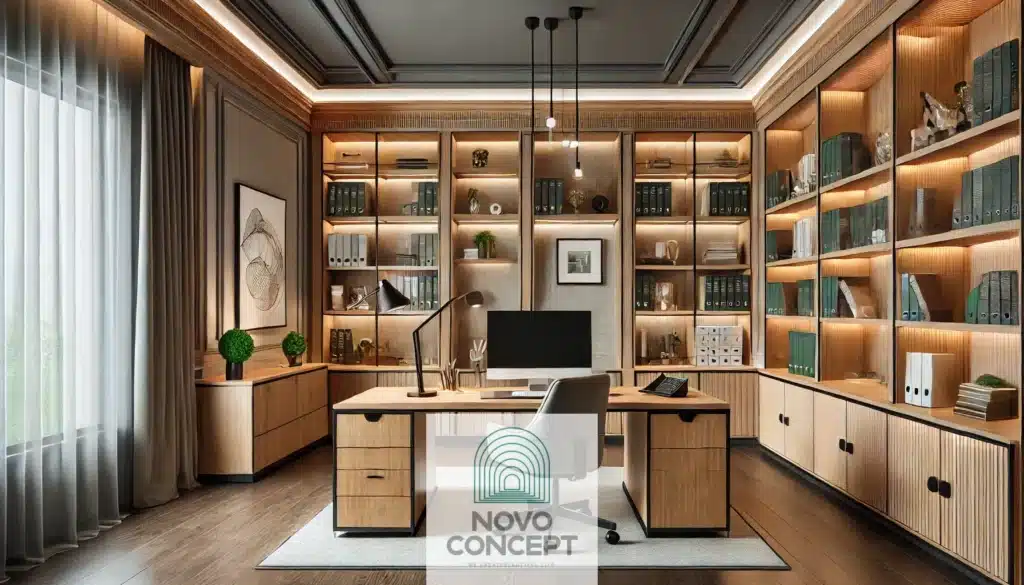 A-luxurious-remodeled-home-office-with-tailored-built-ins-and-smart-features.-The-office-includes-a-wooden-desk-modern-lighting-bookshelves