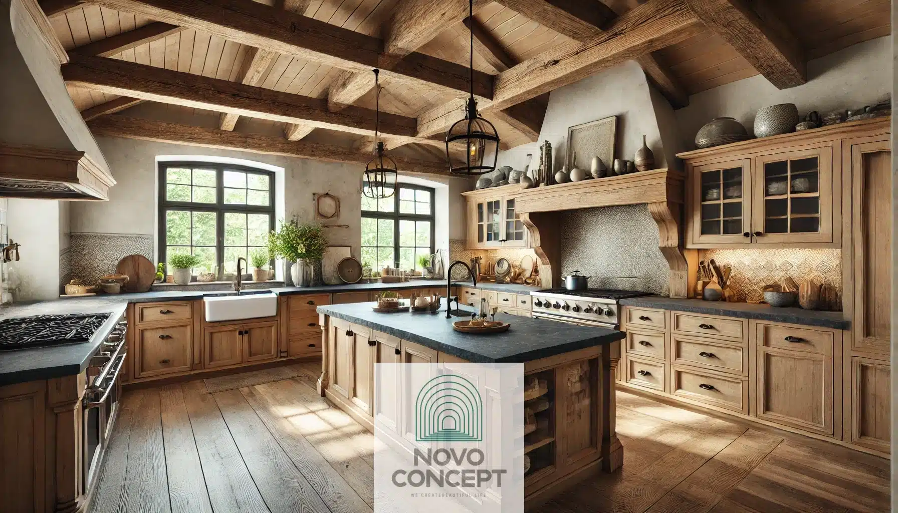 A spacious and elegant kitchen with rustic charm, showcasing natural wood cabinetry, a large farmhouse sink, a central island with a dark stone countertop, and exposed wooden beams on the ceiling. The design blends modern functionality with a cozy, inviting atmosphere.