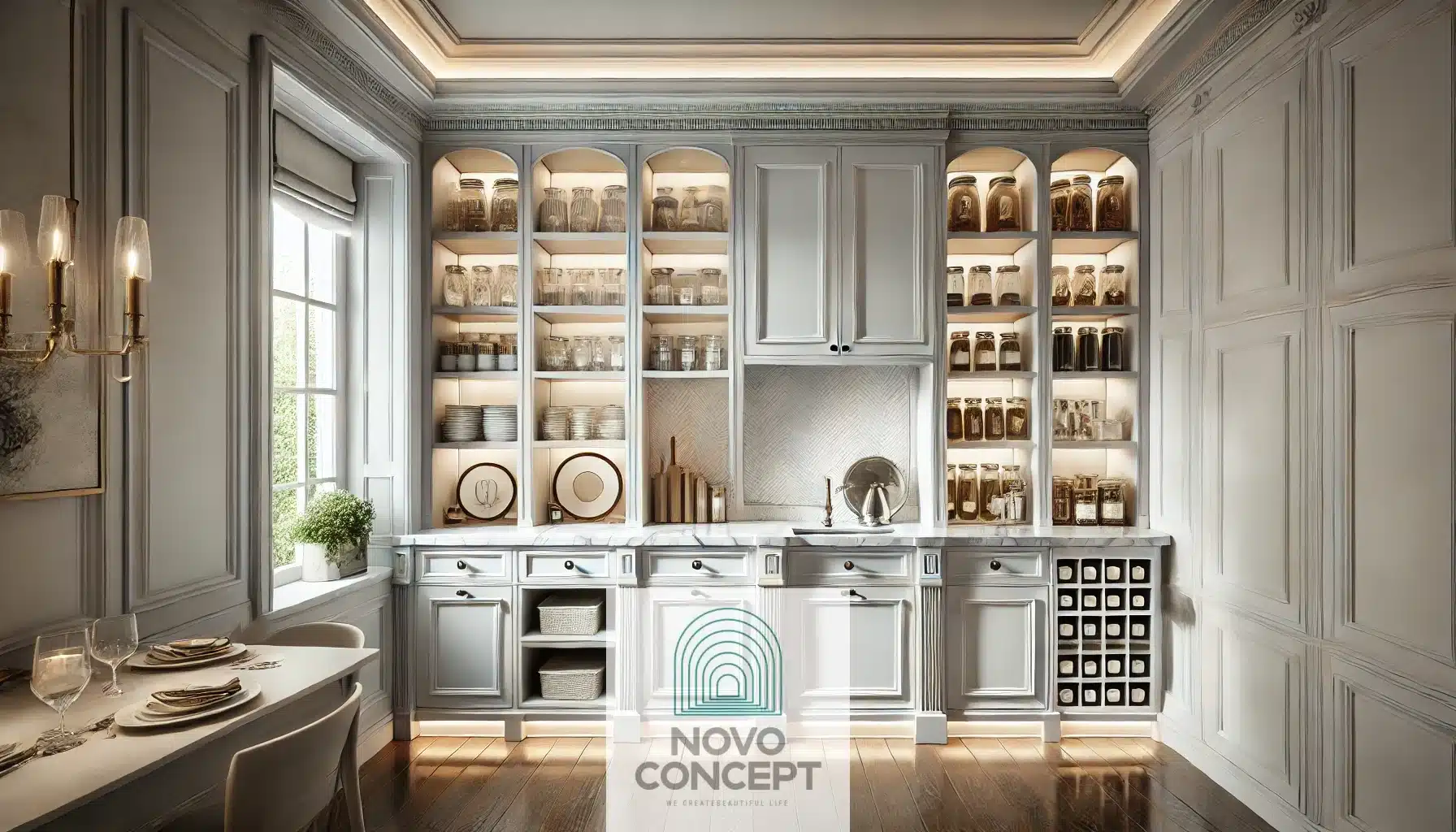 A luxurious and modern butler's pantry with sleek white cabinets, a marble countertop, and a stylish backsplash. The space includes open shelves with neatly arranged jars and dinnerware, complemented by a small sink and ambient under-cabinet lighting.