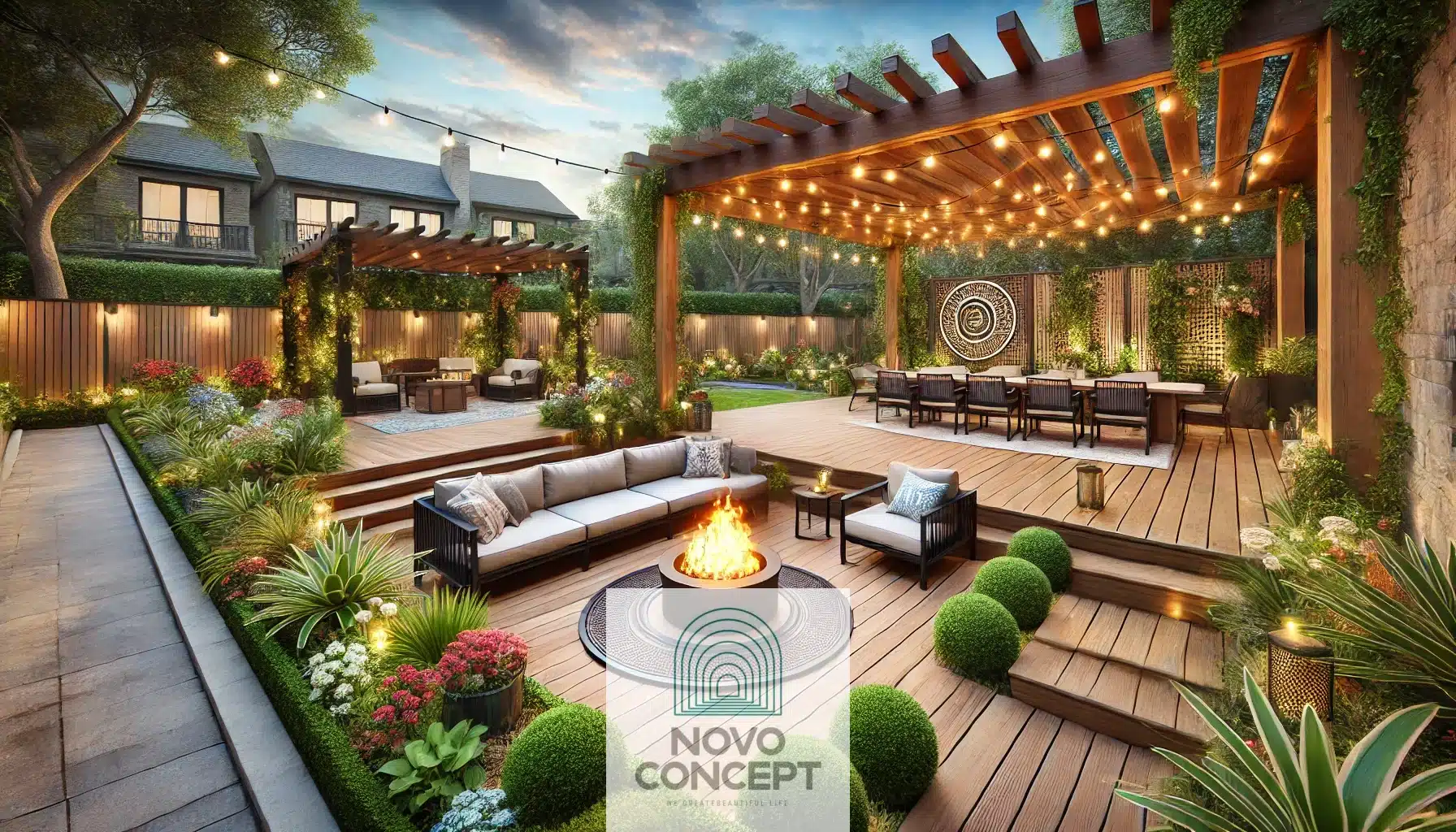 An inviting outdoor living area with a pergola, comfortable seating, string lights, a fire pit, lush greenery, vibrant flowers, and a serene water feature. The design combines rustic charm with modern elegance