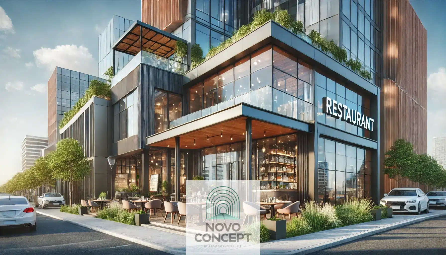 Modern restaurant exterior with sleek architecture, large glass windows, contemporary signage, and an inviting outdoor seating area.