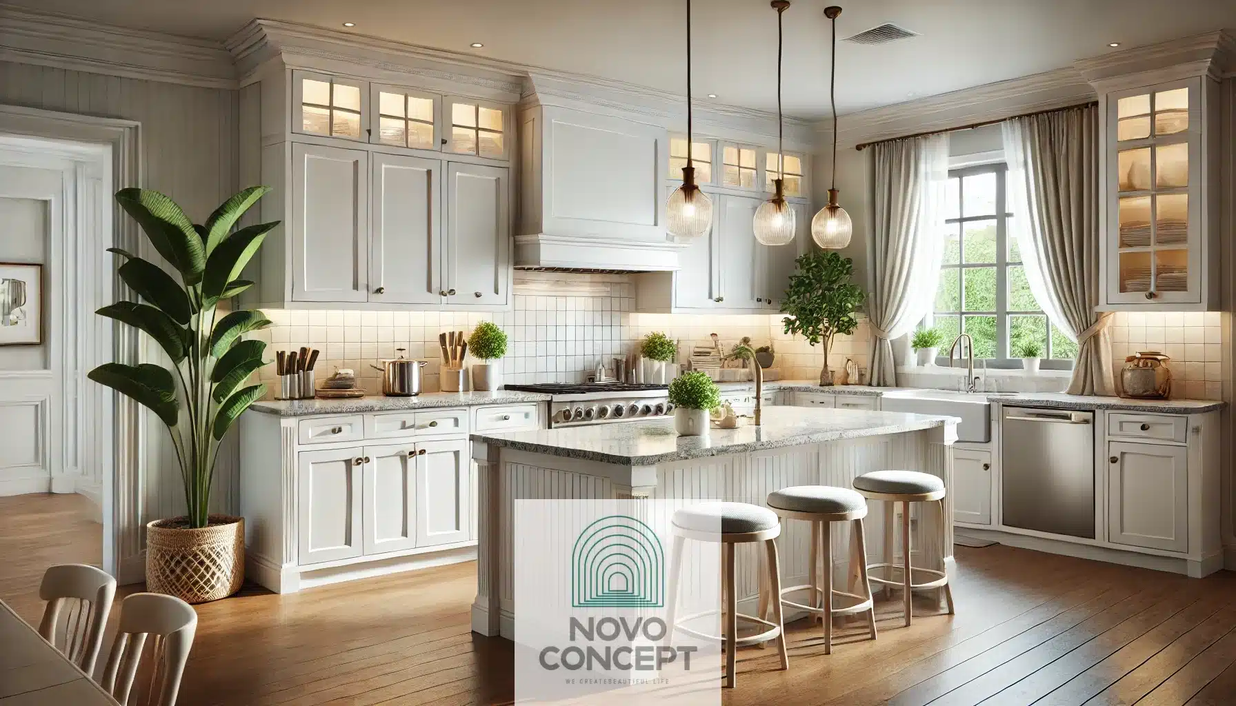 A modern kitchen with shaker-style white cabinets, granite countertops, and a spacious layout. It features pendant lights over a large island, under-cabinet lighting, and subtle green plant accents for a clean and inviting atmosphere.