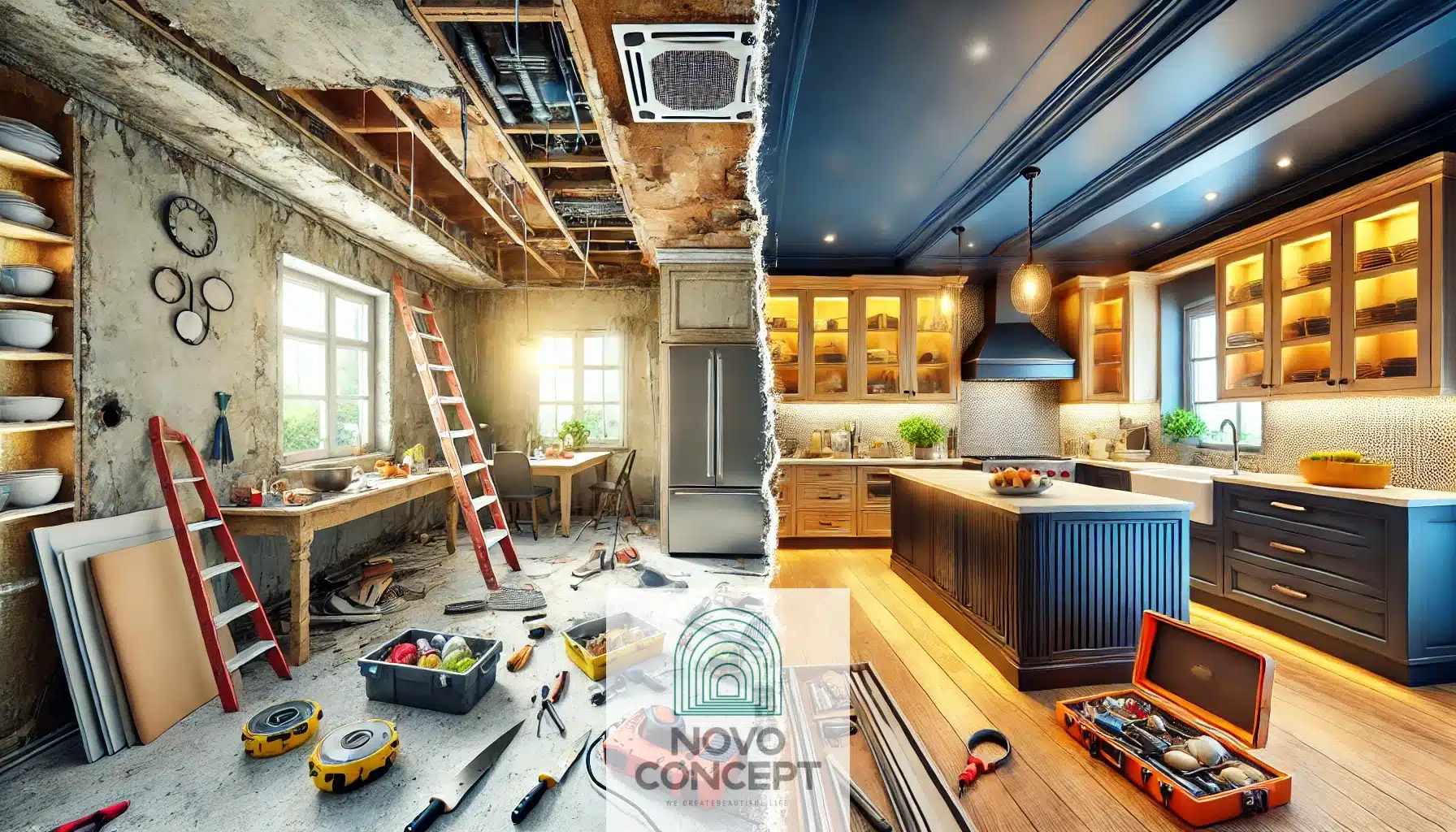 A wide and vibrant image of a kitchen remodeling process. One side of the image showcases a kitchen under renovation with construction tools,