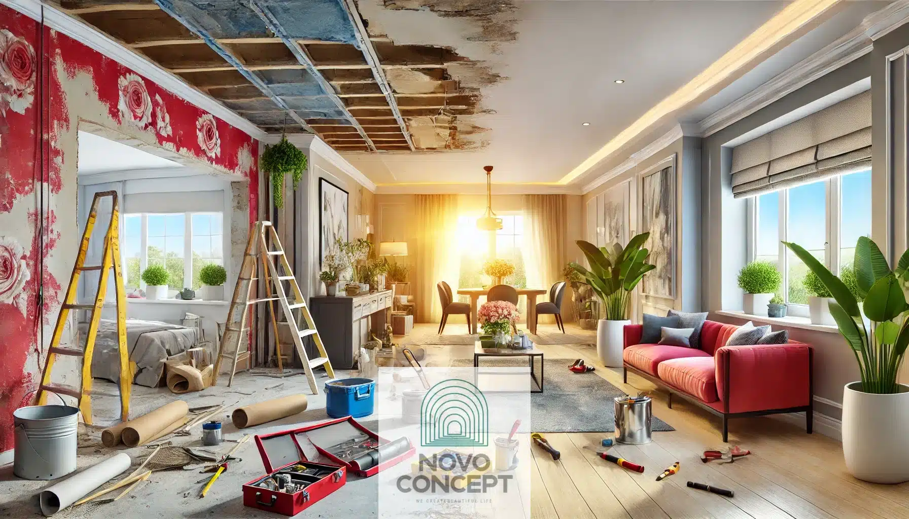 A wide and vibrant image of an interior remodeling process, featuring a modern living room under renovation.