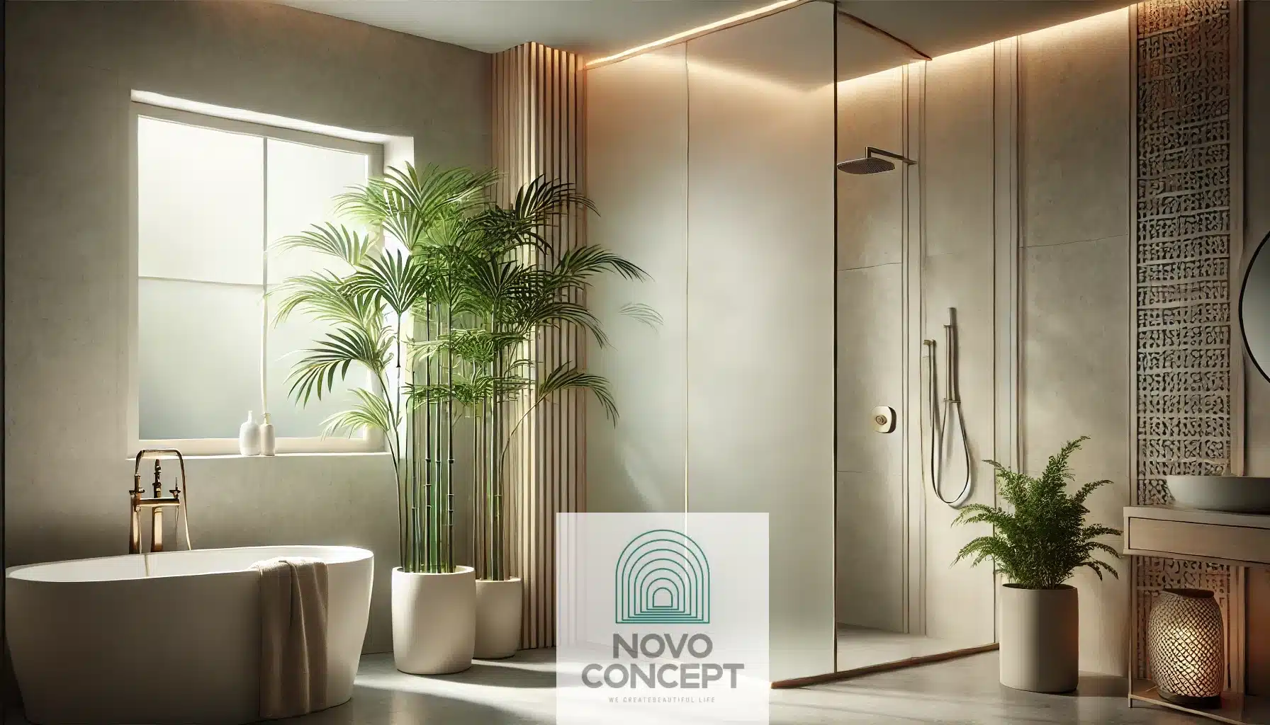 A serene and modern bathroom with frosted windows, a tall indoor plant near the corner, a stylish partition dividing the shower area, and soft natural lighting. The decor features neutral tones and minimalistic design, emphasizing privacy and tranquility.